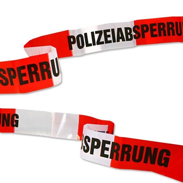 Polizei-Absperrband rot/weiß 10m mit Schrift "Polizeiabsperrung", Folie