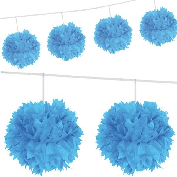 Girlande mit 4 Pompons, blau, flauschige Puffbälle aus Papier, 3m