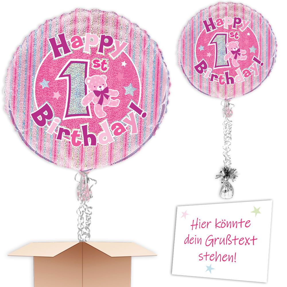 Helium Ballon gefüllt bestellen zum 1. Geburtstag, Bänder & Gewicht