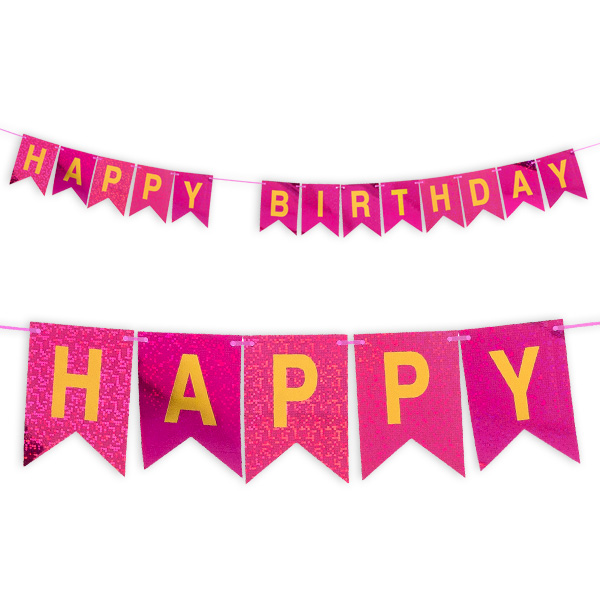 Happy Birthday-Wimpelkette in pink, holografisch glitzernd