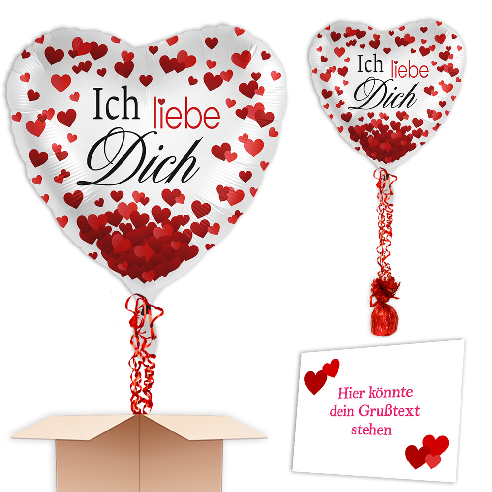 Herzballon "Ich liebe Dich" inkl. Ballongas, Bänder, Gewicht