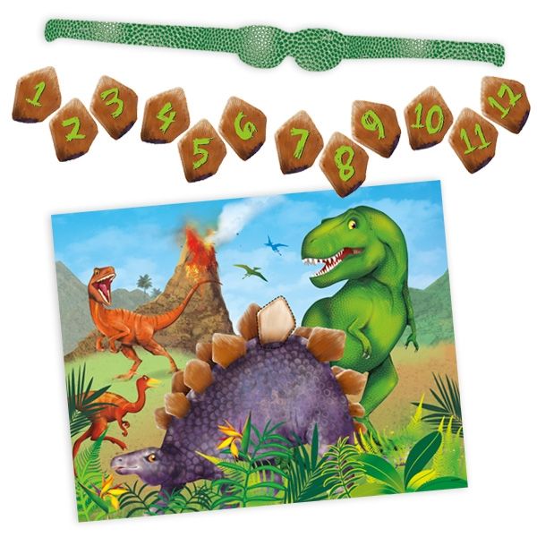 Partyspiel Dinosaurier mit 12 Stickern, 1 Maske und 1 Poster, 48cm x 38cm
