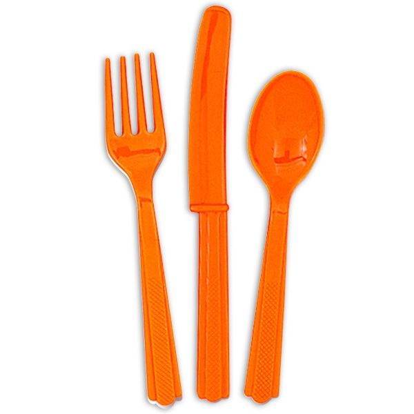 Plastikbesteck orange, je 6 Messer, Gabel, Löffel, Einwegbesteck 18tlg.  - Onlineshop Geburtstagsfee