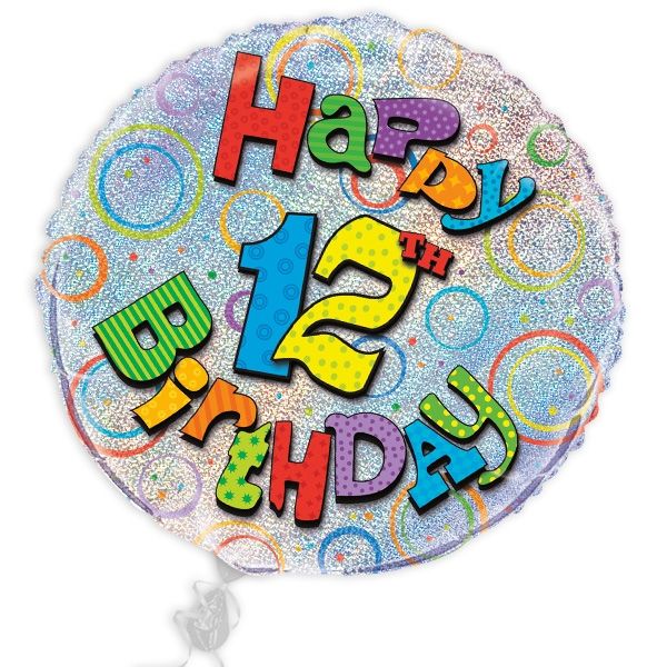 Folienballon "Happy 12th Birthday", prismatisch, Ø 45cm