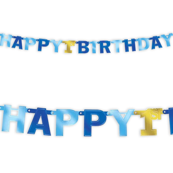 Buchstabenkette "Happy 1st Birthday" in blau, 1. Geburtstag Raumdeko