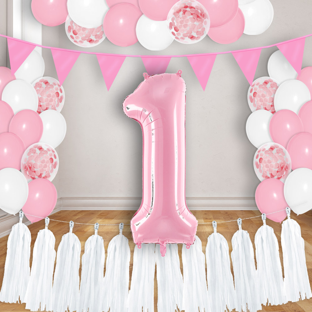 Raumdekoset zum 1. Geburtstag in rosa-weiß, 40-teilig