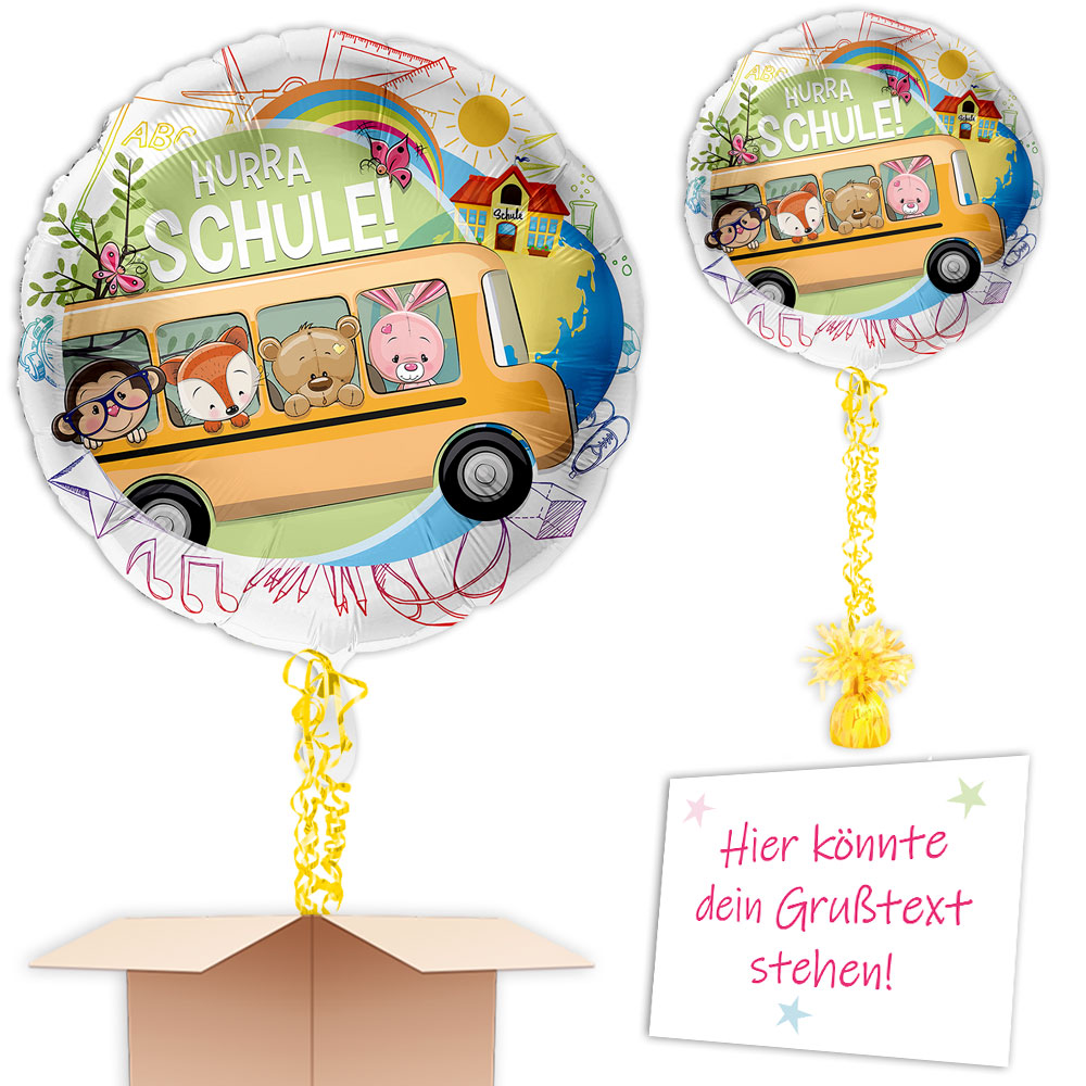 Ballongruß Einschulung Hurra Schule Schulbus Motiv, Ø 35cm  - Onlineshop Geburtstagsfee