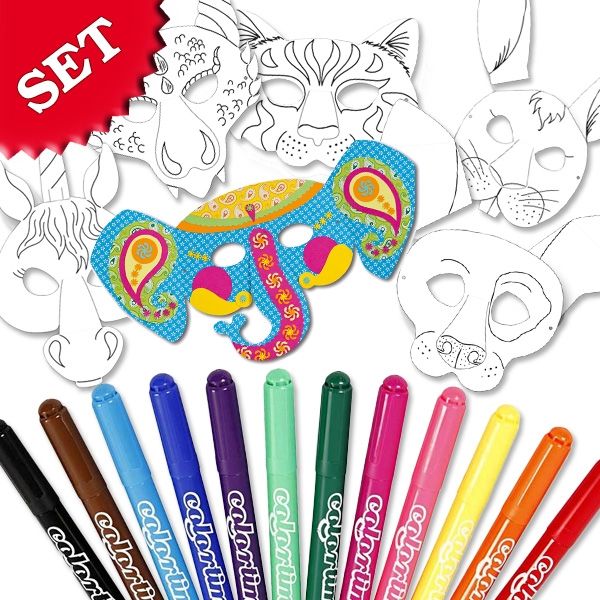 Malset für 6 hübsche Tiermasken +Gummi + 12 Colortime Filzmaler