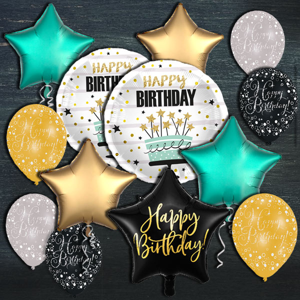 Ballongas-Set, Happy Birthday Geburtstagstorte, 30er Heliumflasche + Ballons