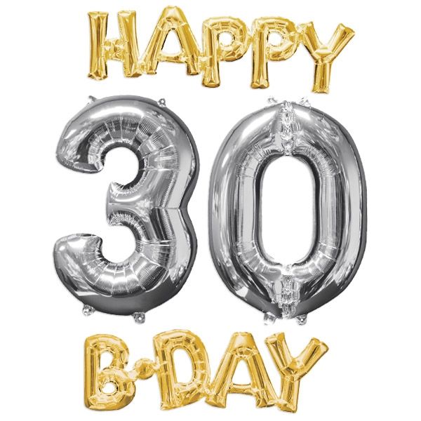 "HAPPY 30 B-DAY XL" Ballonset zum 30. Geburtstag gold-silber