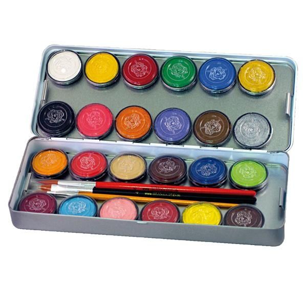 24 Schmink Farben, Metall-Palette, 24 mal 3,5ml Farben, 3 Profi-Schminkpinsel