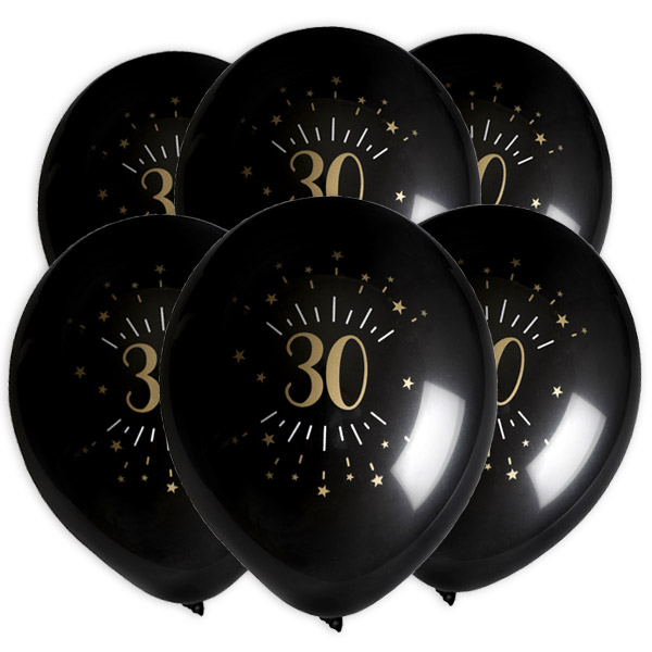 Luftballons "Zahl 30" in schwarz-gold, 8er Pack, Ø 23cm
