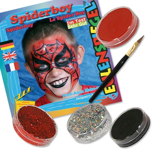 Schminkset Spider Boy mit drei Schminkfarben für 4 Schminkmasken