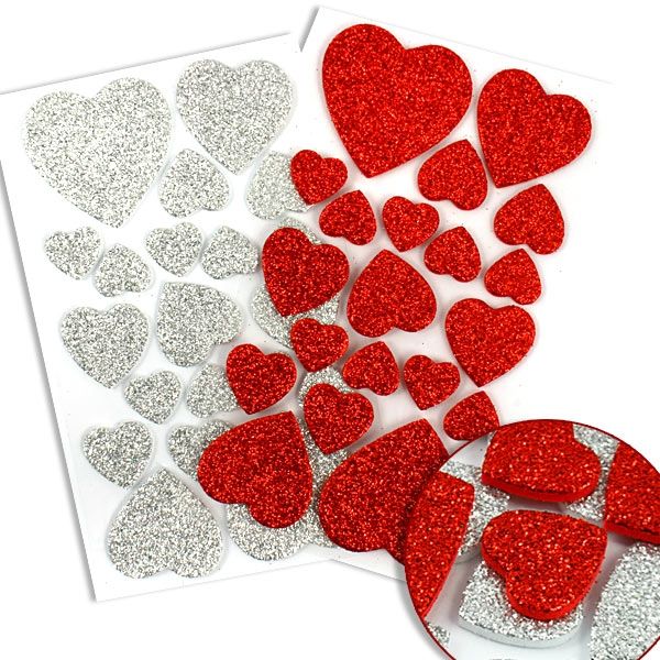 Glitzersticker aus Moosgummi, 40 wunderschöne Herzen in Rot und Silber