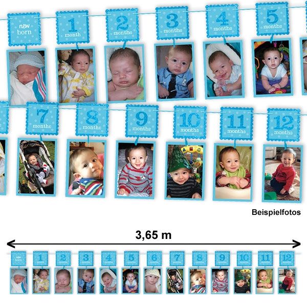 Glitzer Fotogirlande blau, von neu geboren bis 12 Monate, 3,65 m  - Onlineshop Geburtstagsfee