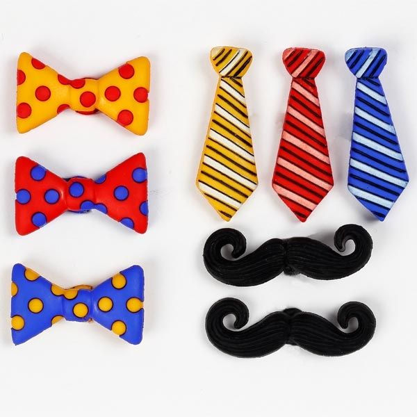 Motivknöpfe - Krawatten, Schnurrbärte und Schleifen, insg. 10 Stück, 1cm bis 2,5cm