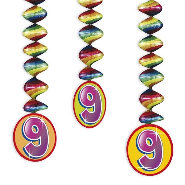 Rotor-Spiralen, Zahl "9", Regenbogen-Farben, 3 Stück