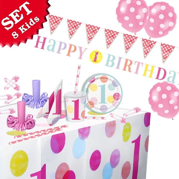 Mottoset Pink Dots 1. Geburtstag Mädchen, 8 Kids, 62-tlg