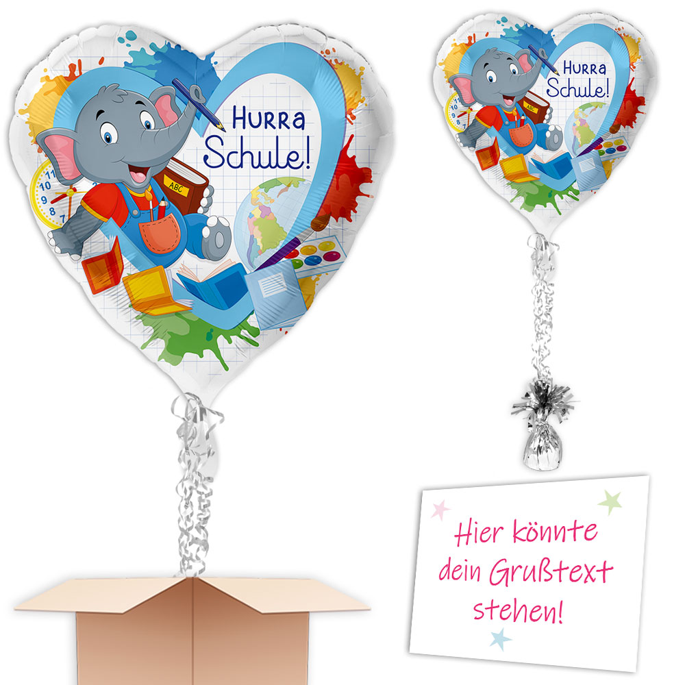 Ballongruß Hurra Schule mit Elefantenmotiv, Herz Ø 35cm x 33cm  - Onlineshop Geburtstagsfee