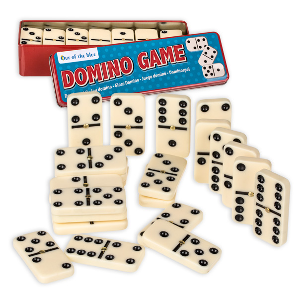 Dominospiel für bis zu 6 Spieler, 28&nbsp;Kunststoffsteine in Metalldose