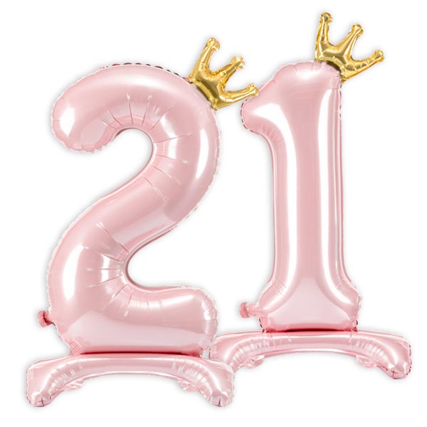 Stehende Ballons, Zahl 21 mit Krönchen, rosa, 84cm hoch