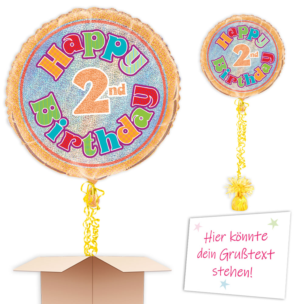 Inkl. Helium, Bänder, Ballongewicht  Happy 2.Geburtstag Geschenkballon