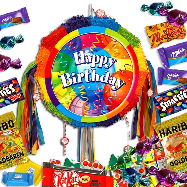 Zugpinata-Set für Ballonparty mit Schrift HAPPY BIRTHDAY +Süßigkeiten