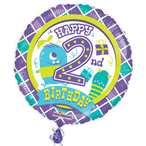 Folienballon "Happy 2nd Birthday" mit Monster-Motiv
