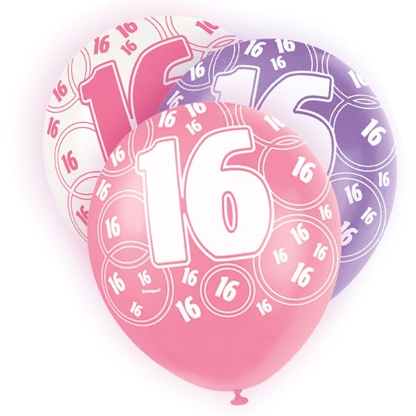 Ballons mit Zahl 16, lila/pink/weiß, 30cm, 6 Stück