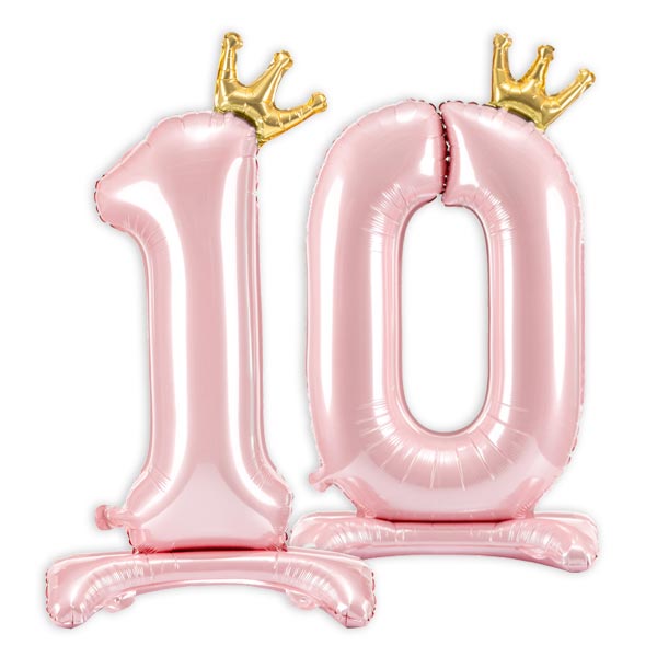 Stehende Ballons, Zahl 10 mit Krönchen, rosa, 84cm hoch