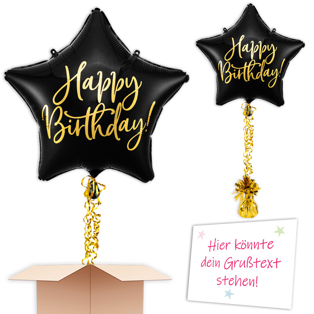 Komplett mit Helium - Schwarzer Stern Ballon "Happy Birthday" gefüllt