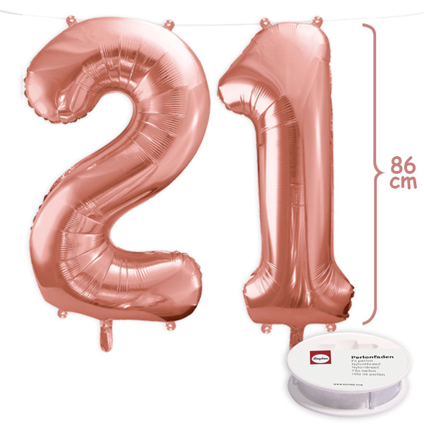 21. Geburtstag, XXL Zahlenballon Set 2 & 1 in roségold, 86cm hoch