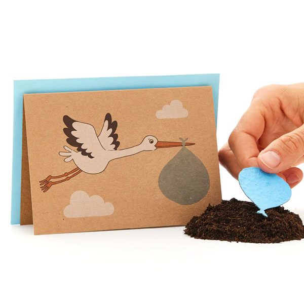 Saatpapier-Grußkarte "Klapperstorch" in blau mit Saatstecker und Umschlag