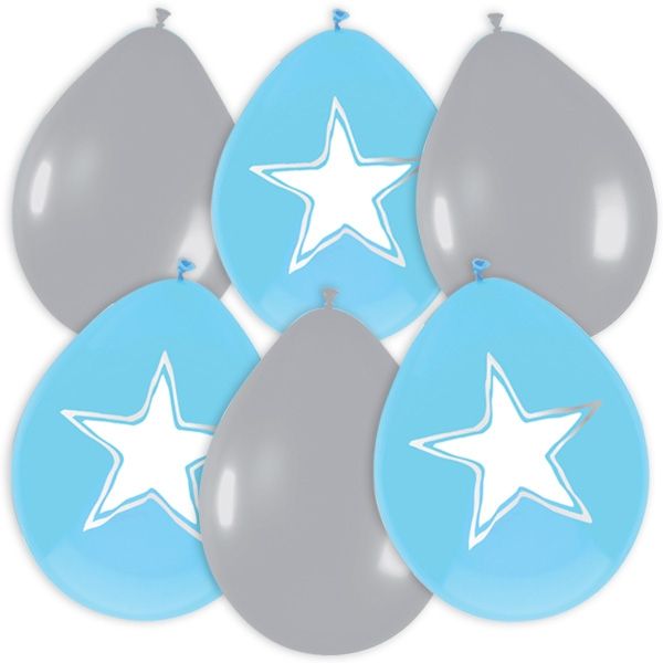 Sternballons blau/silbern, 6 Latex-Ballons, davon 3 blaue mit Stern