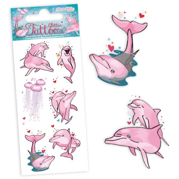 Glitzertattoos mit rosa Delfinen, 6 Einmaltattoos für Fans pro Karte
