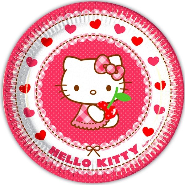 Geburtstagsteller Hello Kitty Hearts, große Pappteller, 8 Stück, 23cm
