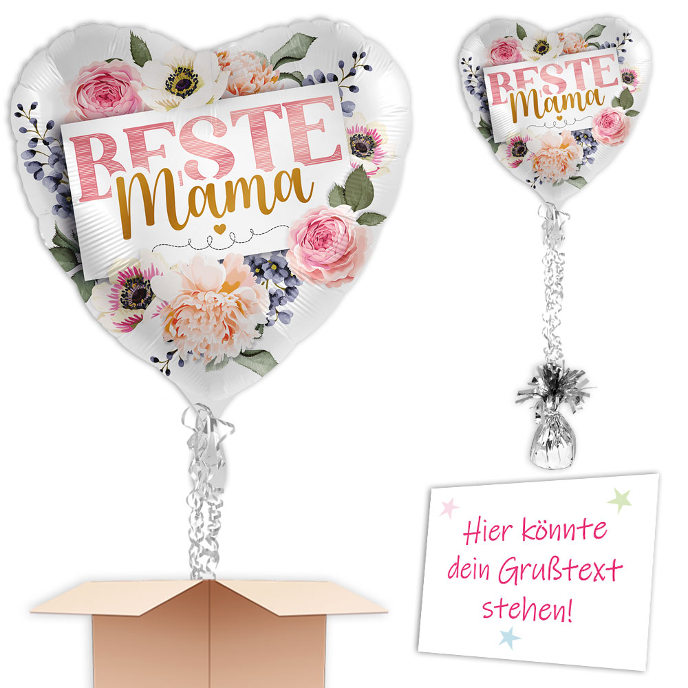 "Beste Mama" Ballongruß mit Helium gefüllt versenden , Herz mit Blumen