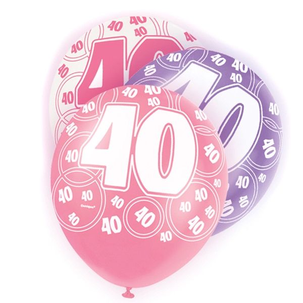 Luftballons zum 40.Geburtstag, lila/pink/weiß, 30cm, 6 Stück