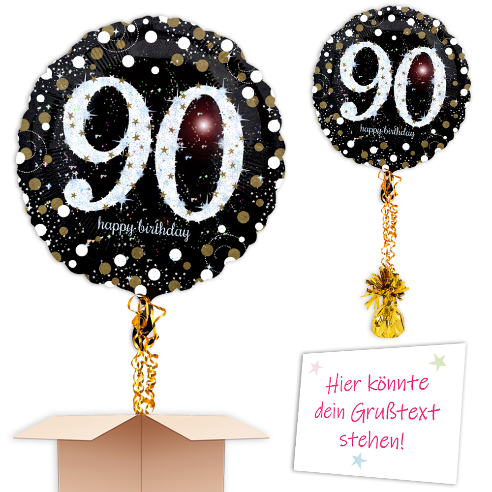 Helium Ballon zum 90. Geburtstag versenden, schwarz glitzern mit Karte