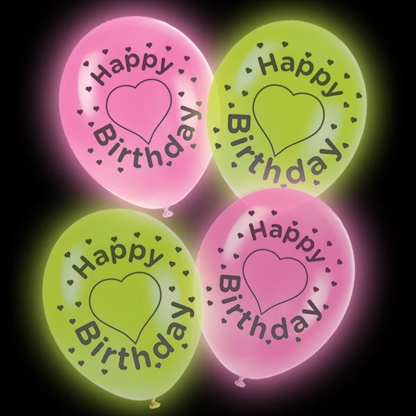 LED Luftballons Happy Birthday, pink & grün 4 Stk, 27,5cm