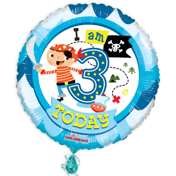 Folienballon "I am 3 today" mit Piratenmotiv