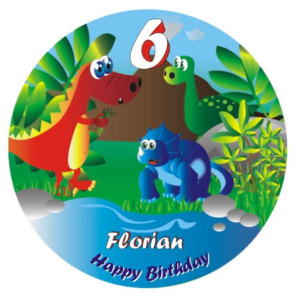 Dino-Bild für Geburtstagstorte mit Name und Alter – rund