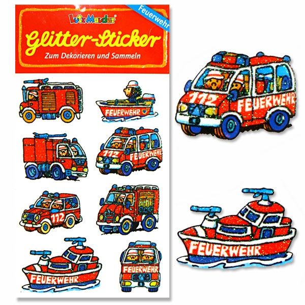 Glitzersticker Feuerwehr, 1 Karte, 8 tolle Feuerwehren, 10,5x5,6cm