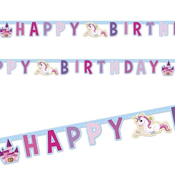 Süßes Einhorn Partykette HAPPY BIRTHDAY, 1,8m, hübsch bedruckte Pappe