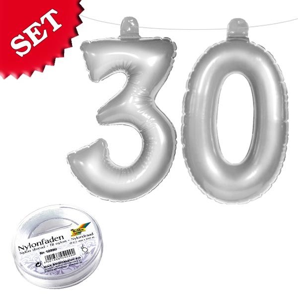 Infletter Zahl 30, silberne Zahlen-Ballons 30. Geburtstag/ Hochzeitstag
