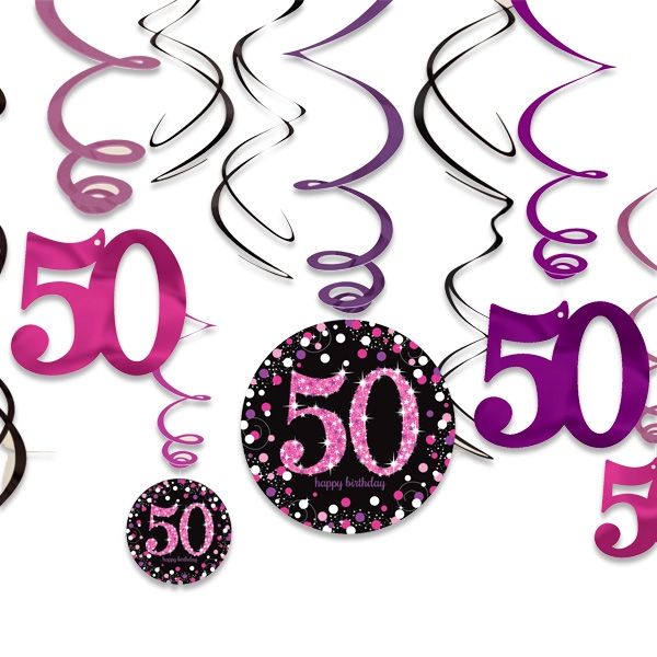 Spiralen zum 50. Geburtstag einer Frau in Pink, 12er Pack, Folie/Pappe