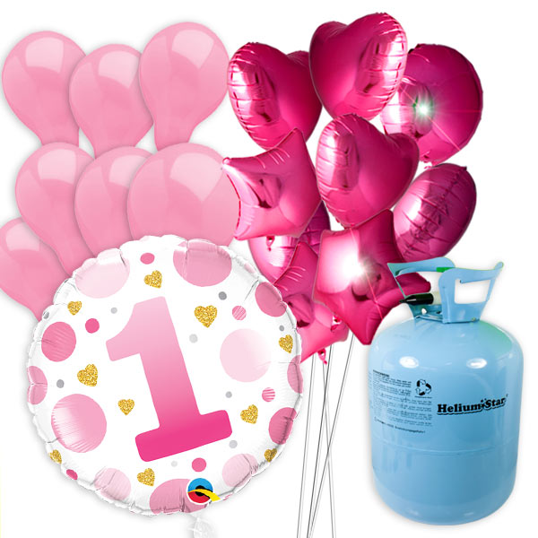 1. Geburtstag Girl Ballongas Set, mit 50er Helium Ballongas, Folie u. Luftballons  - Onlineshop Geburtstagsfee