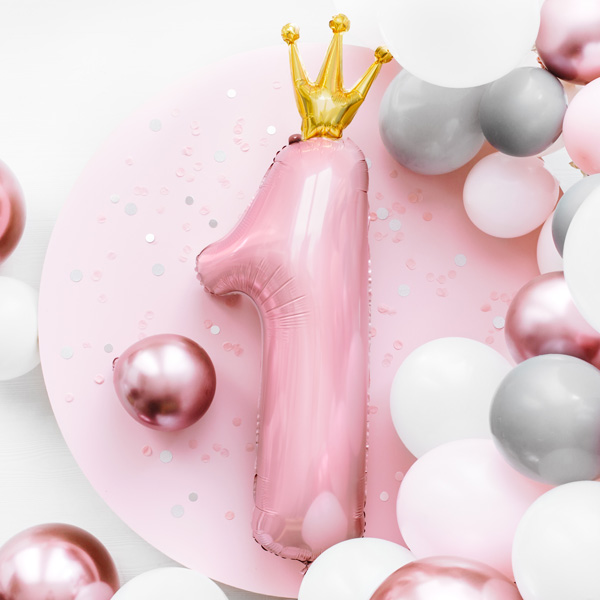 XXL Folienballon Zahl 1 in rosa mit Krönchen, 90cm hoch, heliumgeeignet  - Onlineshop Geburtstagsfee