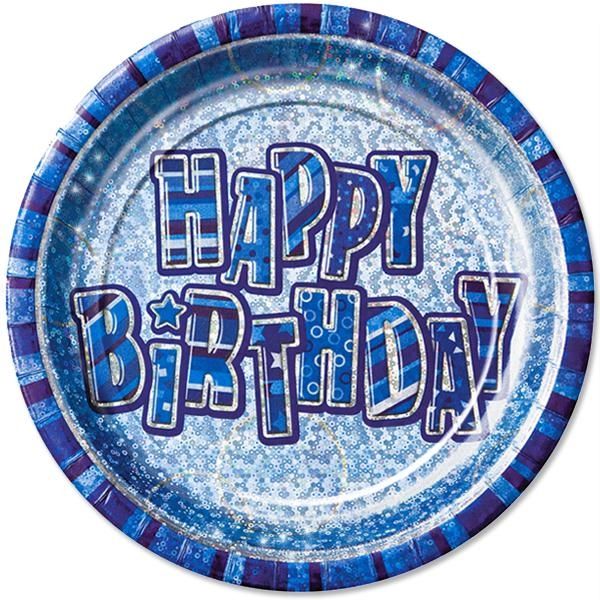 Glitzernde Partyteller HAPPY BIRTHDAY blau Jungengeburtstag 8er,23 cm