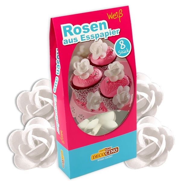 Oblaten Rosen weiß, 8 weiße Röschen aus Esspapier, je 4 cm